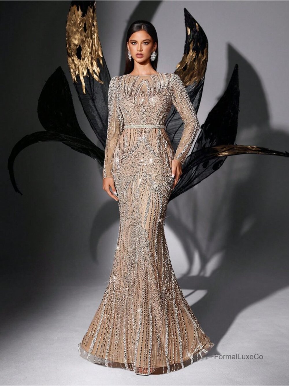 Women Sequin Mermaid Evening Gown Beaded Long Sleeve Formal Prom Dress - Picture 6 of 6